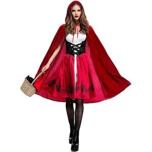 Women Little Red Riding Hood Costume w/ Cape Cloak Halloween Cosplay Dress SMALL